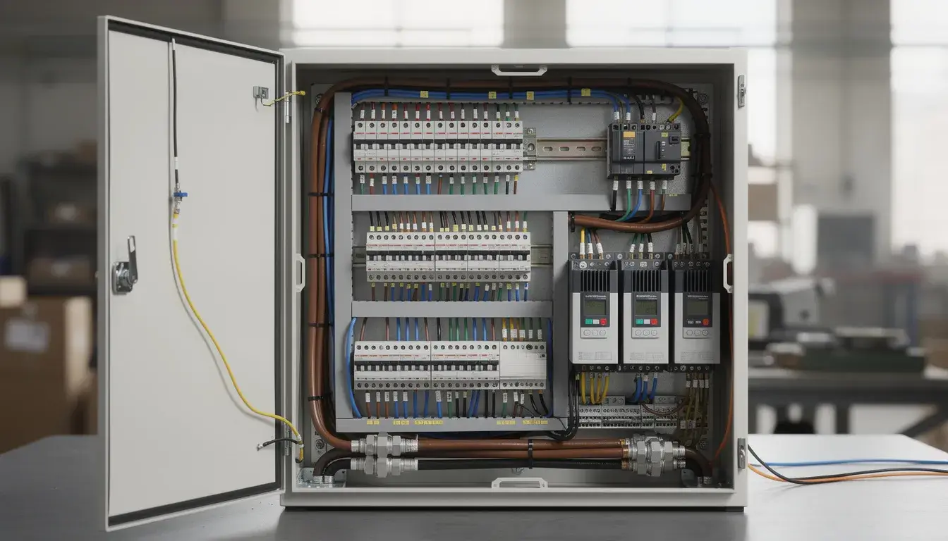 an industrial electrical cabinet filled with visible wiring and power conversion equipment